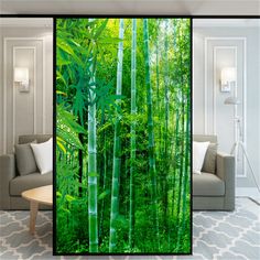 two pictures of green bamboo trees in a living room