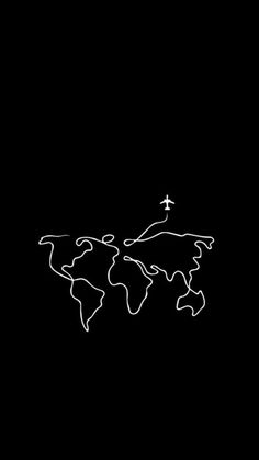 an airplane is flying over the world on a black background with white lines in it