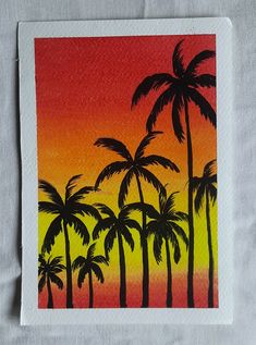 a painting of palm trees in front of an orange and yellow sky