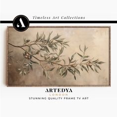 a painting with an olive branch on it and the words artedya in black