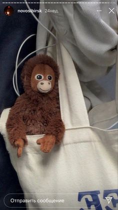 a stuffed monkey sitting inside of a white bag