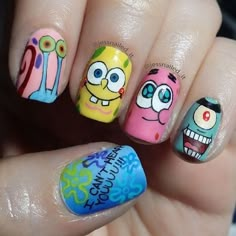 Spongebob Nail Art, Spongebob Nails, Cartoon Nail Designs, Character Nails, Cartoon Nail Art, Disney Acrylic Nails, Crazy Nail Art