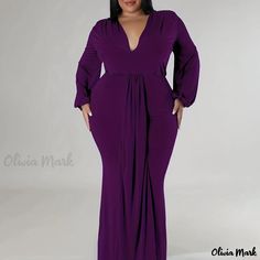 Olivia Mark - Womens Plus Size Elegant Maxi Dress - Solid Color Lantern Sleeve with V Neckline, Ruched Detailing, and High Side Split, Perfect for Slim Fit Party Attire Plus Size Purple Dress, Sophisticated Party, Fitted Party Dress, High Split Dress, Plus Size Evening Gown, Plus Size Elegant, Elegant Maxi Dress, Party Kleidung, Stylish Party