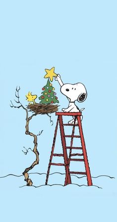 a charlie brown christmas tree on top of a ladder with a star in the sky above it