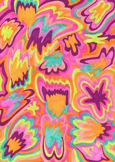 an abstract painting with many different colors and patterns on it, including pink, green, yellow