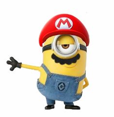 a minion in overalls and a red hat pointing to the side with his hand