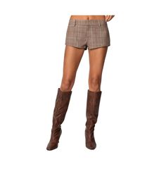 in stock Trendy Fitted Plaid Shorts, Chic Fitted Plaid Shorts, Casual Plaid Mini Bottoms, Wool Plaid Shorts, Plaid Brown Mini Short, Tweed Shorts, Long Windows, Plaid Shorts, Plaid Pattern