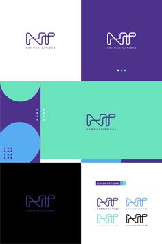 four different logos with the letter nnf on them, all in purple and blue