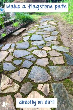 a stone path with moss growing on it and the words diy flagstone path with moss