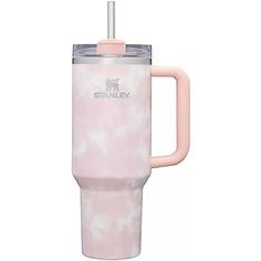 a pink insulated travel mug with a straw in the cup and handle is shown