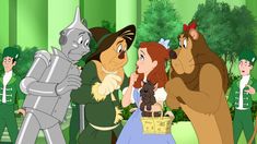 the animated characters are talking to each other in front of some trees and people wearing costumes