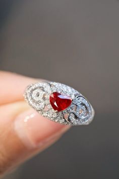 18K White Gold Unheated Pigeon Blood Red Ruby: 1.1ct AIGS certificate 💎Side Diamond: 0.93ct Ruby Diamond Ring, Ring Heart, Ruby Diamond Rings, Blood Red, Ruby Diamond, Red Ruby, Pigeon, Rings Statement, Statement Rings