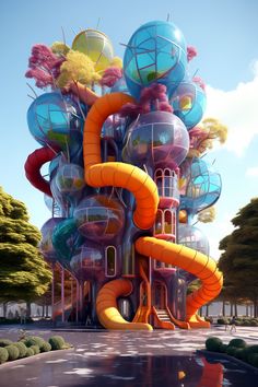 an artistic rendering of a building made out of balloons and water slides with trees in the background