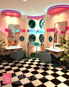 the interior of a hair salon with checkered flooring and mirrors on the walls