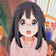 an anime character with long black hair and glasses looking at the camera while others look on