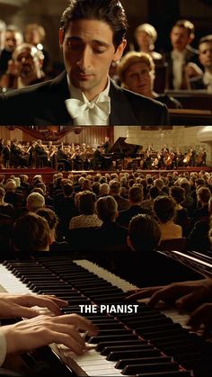 a man in a tuxedo is playing the piano with an audience behind him