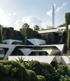 an architecturally designed building surrounded by greenery