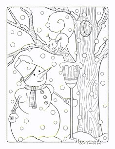 a snowman is standing next to a tree with a bird perched on the branch