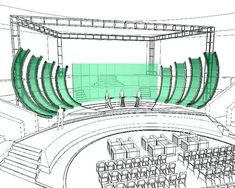 an architectural drawing of a stage with rows of chairs and people standing in the middle