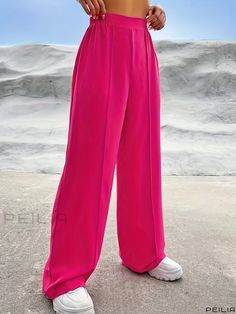 Peilia - Optimal Plus-Size Womens Casual Pants: Elastic Stitching High Rise Trousers with a Slight Stretch and Wide Leg Solid Design Pink Wide-leg Pants, Womens Casual Pants, Pink Solid Color Wide-leg Pants, Non-stretch Wide Leg Pink Pants, 4-way Stretch Wide Leg Trousers With Elastic Waistband, Non-stretch Full Length Pink Wide Leg Pants, Pink Wide-leg Pants With Elastic Waistband, Red Full-length Pants With Elastic Waistband, High Rise Trousers