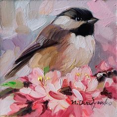 a painting of a bird sitting on top of pink flowers