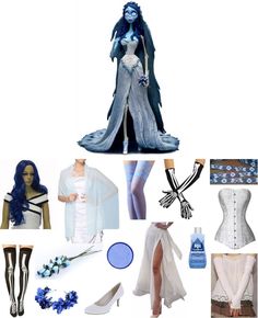 a collage of costume and accessories including stockings, gloves, shoes, dresses, socks