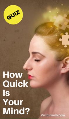 a woman's head with puzzle pieces in her hair and the words how quick is your mind?