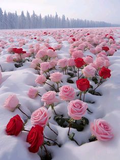 many pink and red roses in the snow