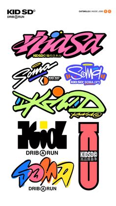 various stickers that are on the side of a white sheet with black and pink lettering