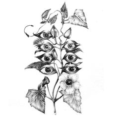 an eyeball drawing on paper with leaves and flowers