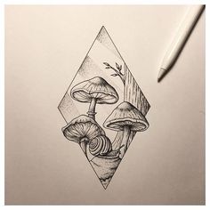 a pencil drawing of two mushrooms on a piece of paper