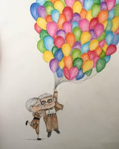 a drawing of two people holding balloons in the air