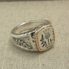 Bronze and Sterling Silver Celtic Scottish Thistle Signet - Etsy Scottish Thistle Ring, Scottish Jewellery Vintage, Wedding Signet Ring, Lion Signet Ring, Edwardian Rings, Scottish Ring, Wax Seal Ring, Thistle Jewellery, Scottish Lion