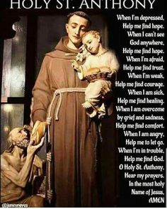 an image of the saint anthony statue with his child in his lap and words above it