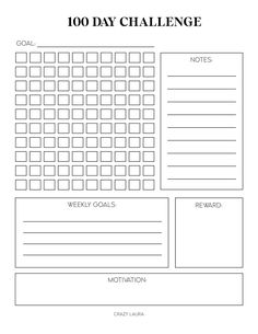 the 100 day challenge is shown in black and white, with an image of a goal sheet