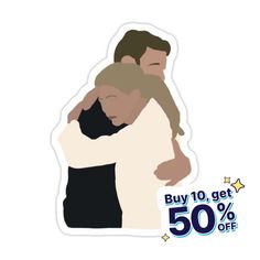 two people hugging each other with the text buy 10 get 50 % off on it