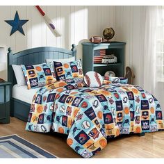 a bed room with a neatly made bed next to a night stand and book shelf