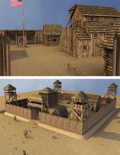 an old western town made out of wood and sand with a flag flying in the background