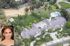 an aerial view of a mansion with a pool in the middle and a woman's face next to it