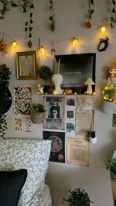 a living room filled with lots of plants and pictures hanging on the wall above it