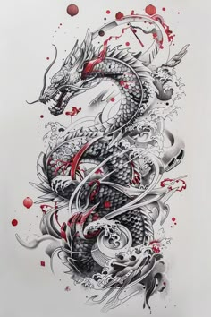 a drawing of a dragon with red and black ink