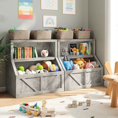 a child's playroom with toys and books