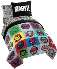 the avengers bedding set is made up with various cartoon character symbols on it, including captain america and iron man