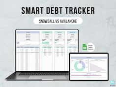 a laptop computer sitting on top of a desk next to a monitor and mouse with the text smart debt tracker snowball vs avalanche