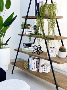 a wooden shelf with plants and books on it next to a potted houseplant