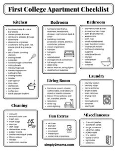 the first college apartment checklist is shown in this black and white poster, with instructions for