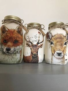 three mason jars with painted animals on them