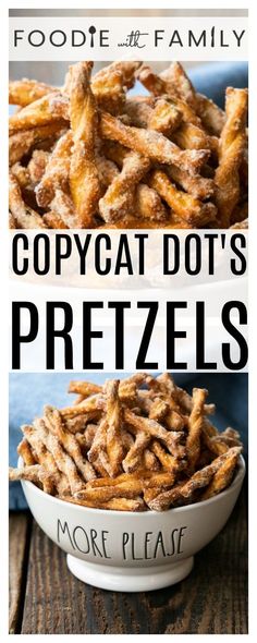 two pictures with the words copycat dot's pretzels and more please