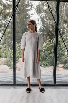 Linen dress BREE Classic neckline , flattering line , relaxed fit, A line  3/4 sleeves  no pockets. Dress length 43,7'' /111 cm  ( from the back to the bottom of the dress ) Relaxed fit, not too loose or oversized. We recommend to order the size you wear for the look like on the model, or go size up or down for more oversized or fitted look.  Please be sure to check the measurements carefully if you decide to go size down or up Model is 175 cm 5'9'' tall, 60kg / 132 lb and wear size M, light grey DESCRIPTION: - Made from Oeko-Tex certified 100% stone washed French linen . - Washed and soft linen dress, so it will not shrink anymore. - Not ironed ( and no need to iron to have relaxed look ) Please choose the right size and color. *Please note that actual colors may vary due to your computer Linen Tunic Dress, Linen Clothing, Linen Shirt Dress, Dress Linen, Inspirational Design, Linen Tunic, French Linen, Dress Midi, Look Plus