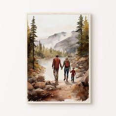 a watercolor painting of two people and a child walking on a path near a lake